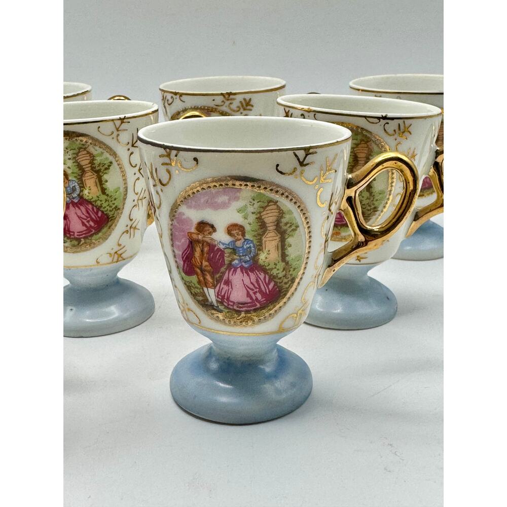 Vintage Japan Demitasse Cups Set of 8 Blue Gold Courting Couple Porcelain